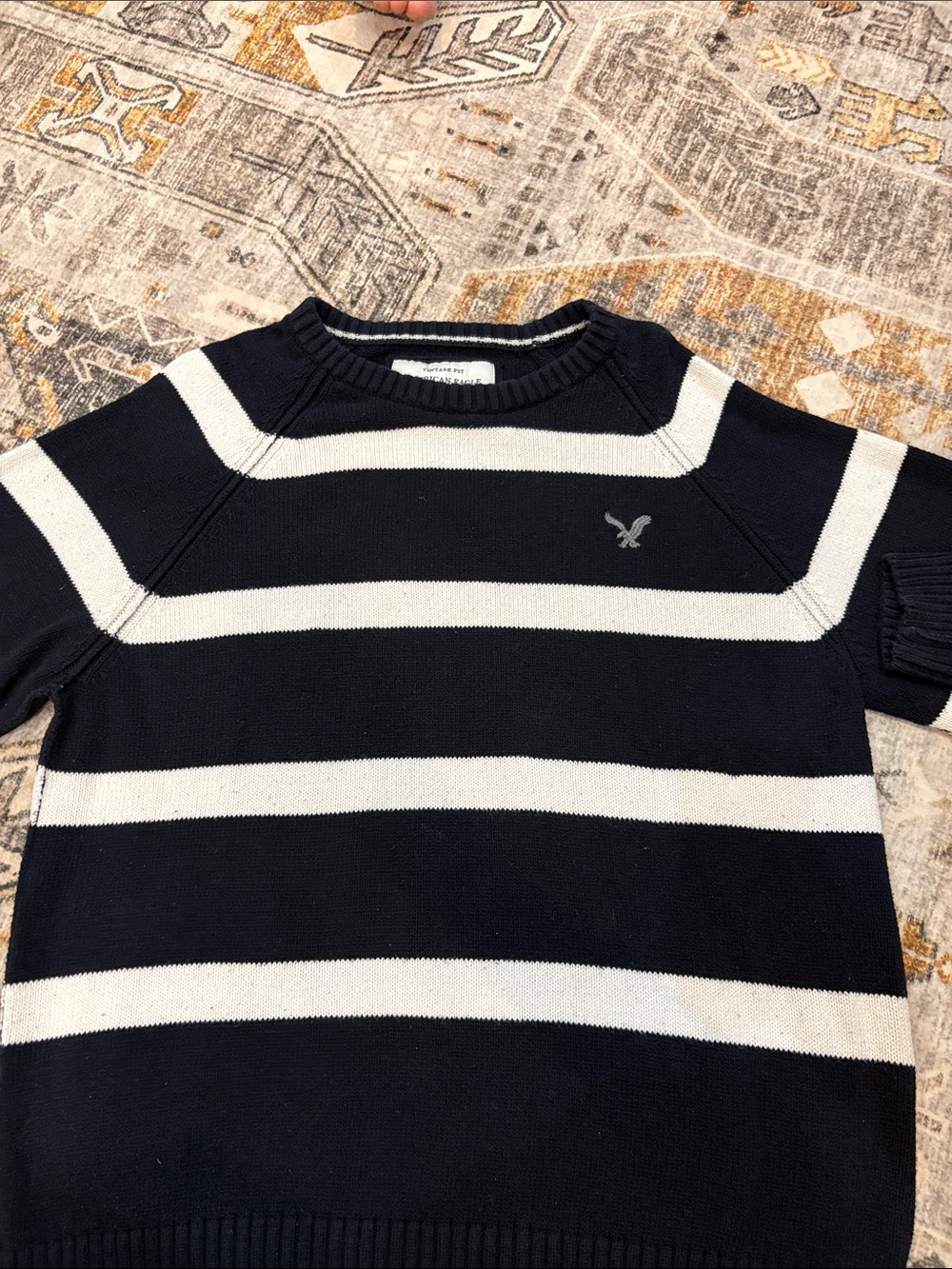 American Eagle Outfitters Navy and White Striped Crewneck Sweater